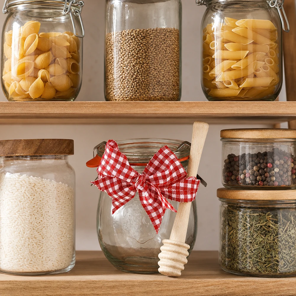 WECK-Mini-Tulpenglas 220ml komplett mit Honiglöffel Vorratsschrank mit WECK-Gläsern für Nudeln und Gewürze, Mini-Tulpenglas 220ml mit Honiglöffel als Küchendeko