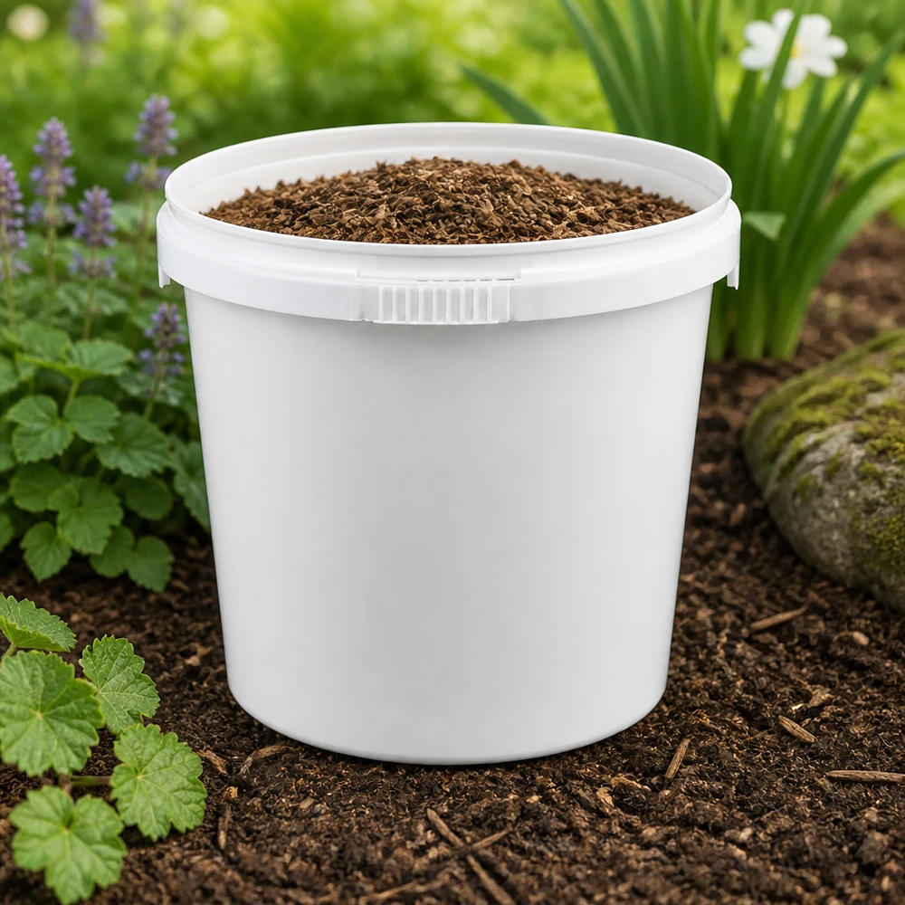 Offener weißer Eimer aus Polypropylen 1 Liter mit Rindenhumus in Gartenlandschaft