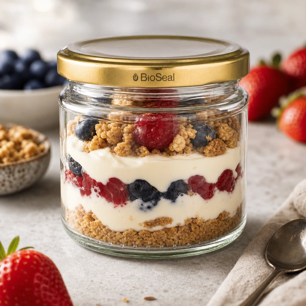 212ml Rundglas mit BioSeal Deckel gold UNiTWIST UNiTWIST Rundglas 212ml mit goldenem TO66 BioSeal Deckel als Dessertglas mit Beeren-Joghurt-Schichtdessert