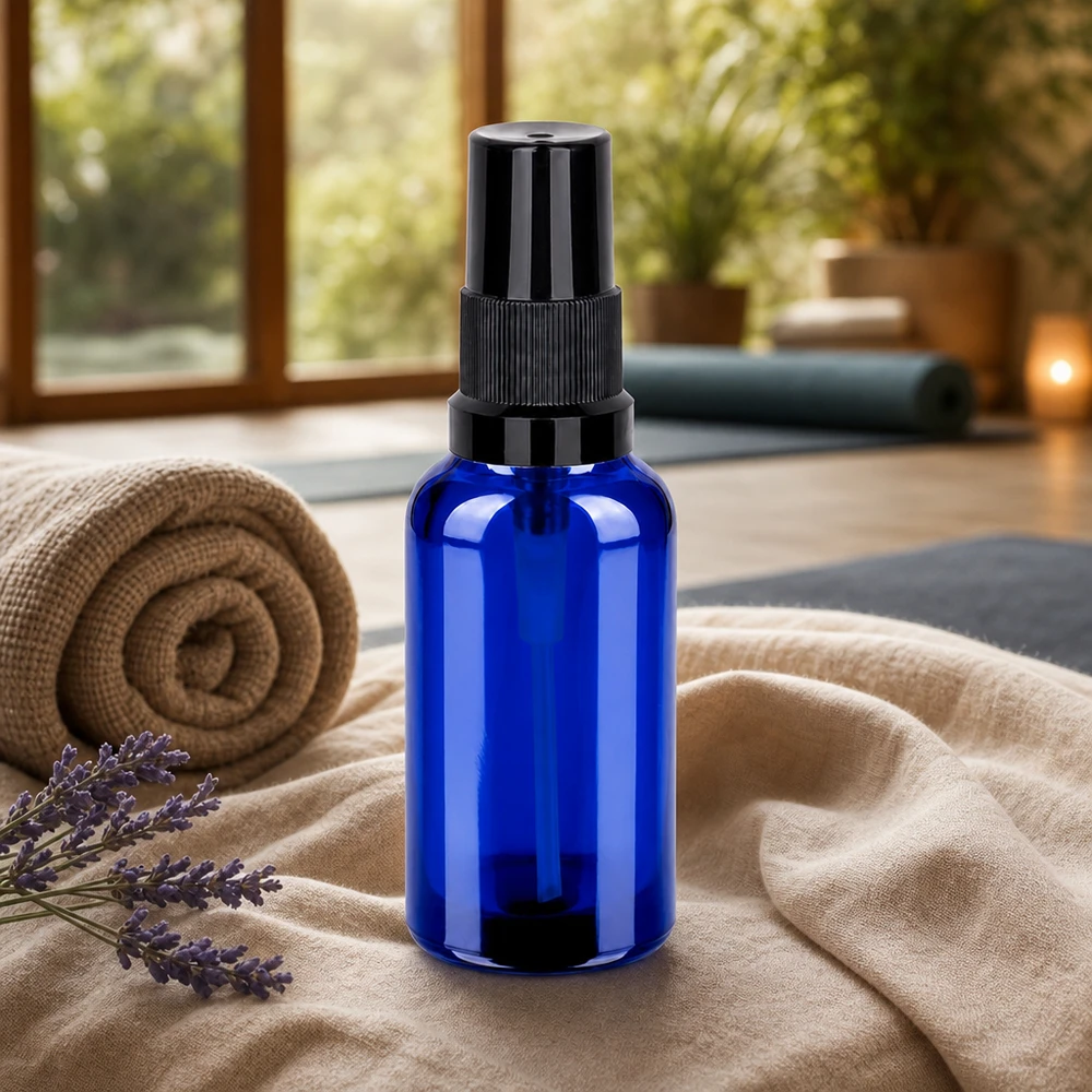 30ml Sprayflasche schwarz Standardverschluss BlueLine UT18/30 30ml blaue Glasflasche mit schwarzem Sprühkopf STD BlueLine für umweltfreundliche Verpackung