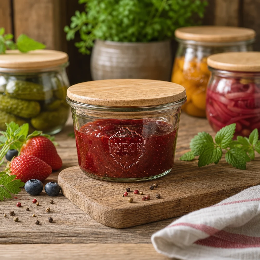 35ml Mini Sturzglas WECK RR40 mit Holzdeckel WECK Mini Einmachglas 35ml mit Holzdeckel befüllt mit Marmelade auf rustikalem Holzbrett neben frischen Beeren