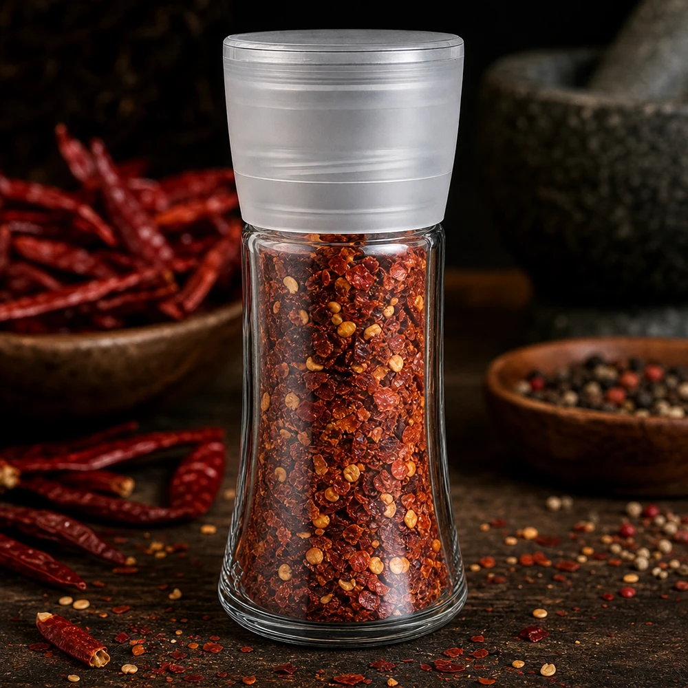 Salz-/Gewürzglas 95ml mit Mühle Vario weiss Kompakte Gewürzmühle Vario 95ml mit Chiliflocken neben Pfefferkörnern in Holzschale
