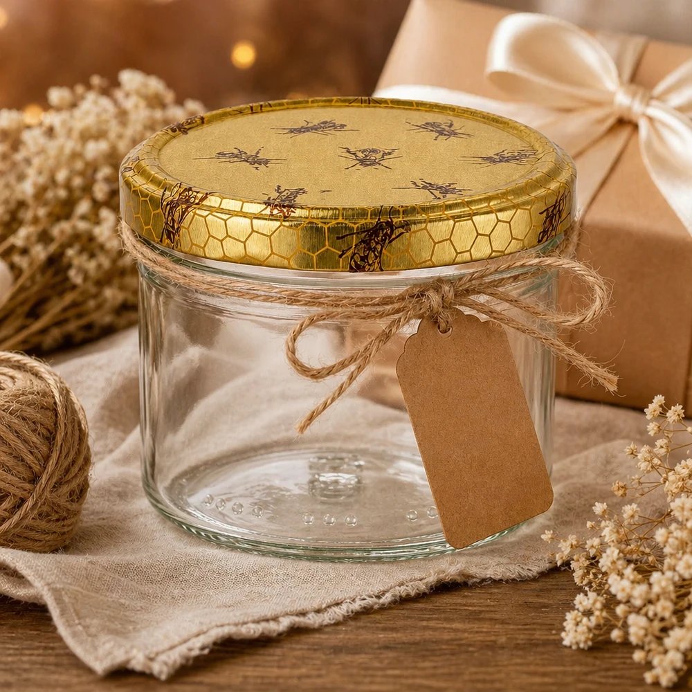 300g Honigglas mit Bienenwabe Deckel BasicSeal UNiTWIST 300g Honigglas mit dekorativem Bienenmotiv-Deckel, Geschenkverpackung und rustikaler Präsentation auf Holz