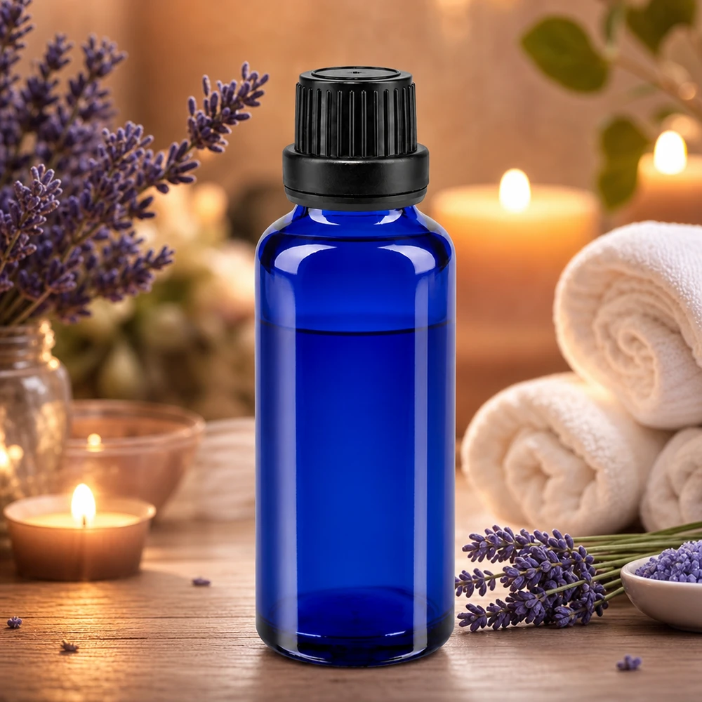 Apothekenflasche blau 30ml Tropfverschluss Giessring 2mm schwarz Originalitätsverschluss UV-schützendes blaues Apothekerfläschchen 30ml mit schwarzem Verschluss und Präzisionstropfer