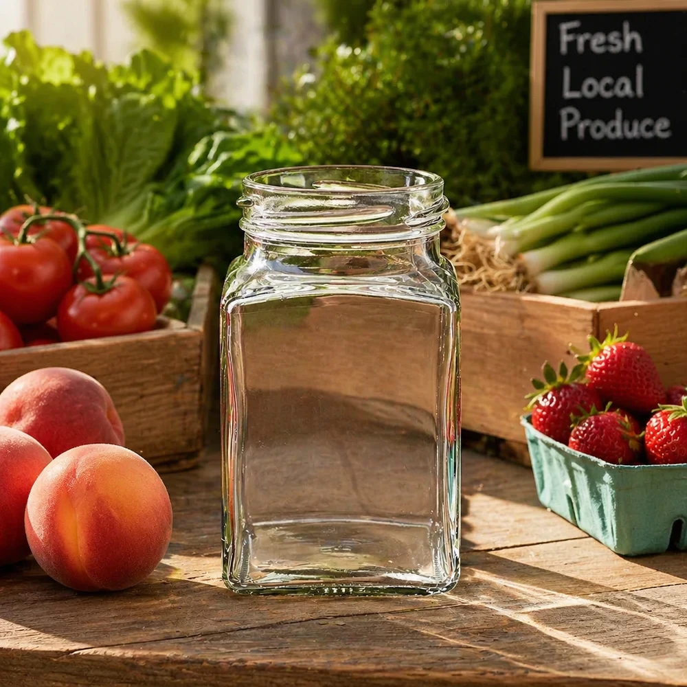 260ml Tetraglas ohne Deckel (TO58) UNiTWIST UNiTWIST Tetra260 4-Eckglas 260ml TO58 Einmachglas zwischen frischem Obst und Gemüse auf Holztisch
