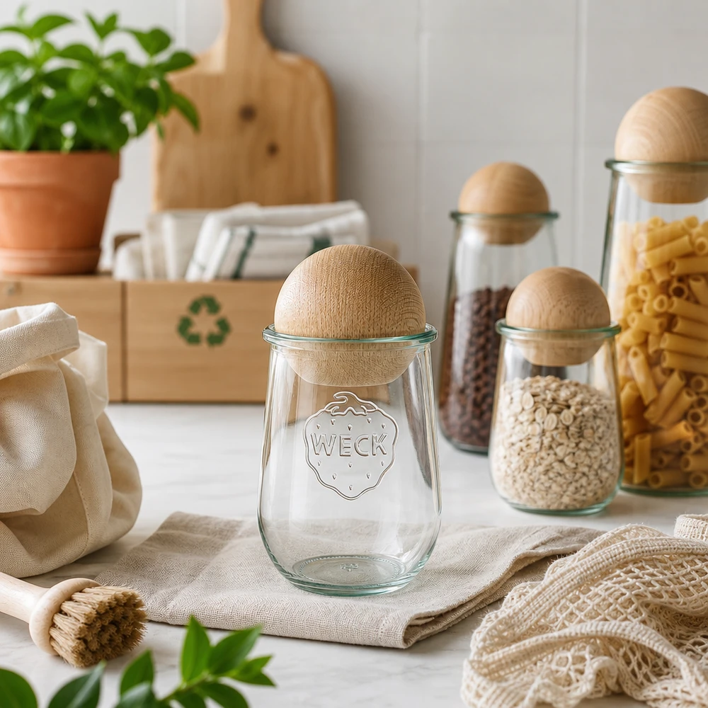 WECK Tulpenglas 1062ml RR100 mit Buchenkugel in nachhaltiger Zero-Waste-Küche mit Recycling-Symbol und Naturmaterialien