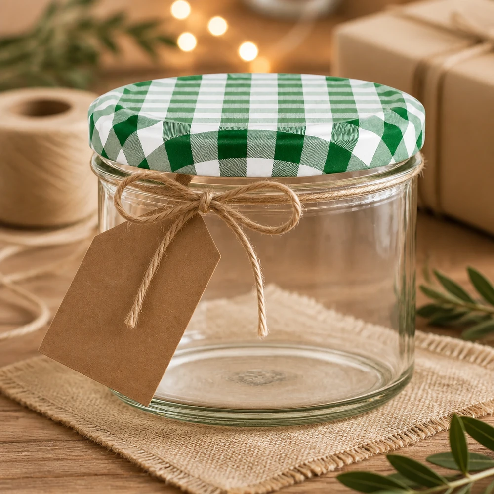 225ml Sturzglas + BasicSeal Deckel grün/weiß UNiTWIST 225ml Sturzglas mit grün-weißem Karodeckel und Kraftpapier-Anhänger als Geschenkidee dekorativ präsentiert