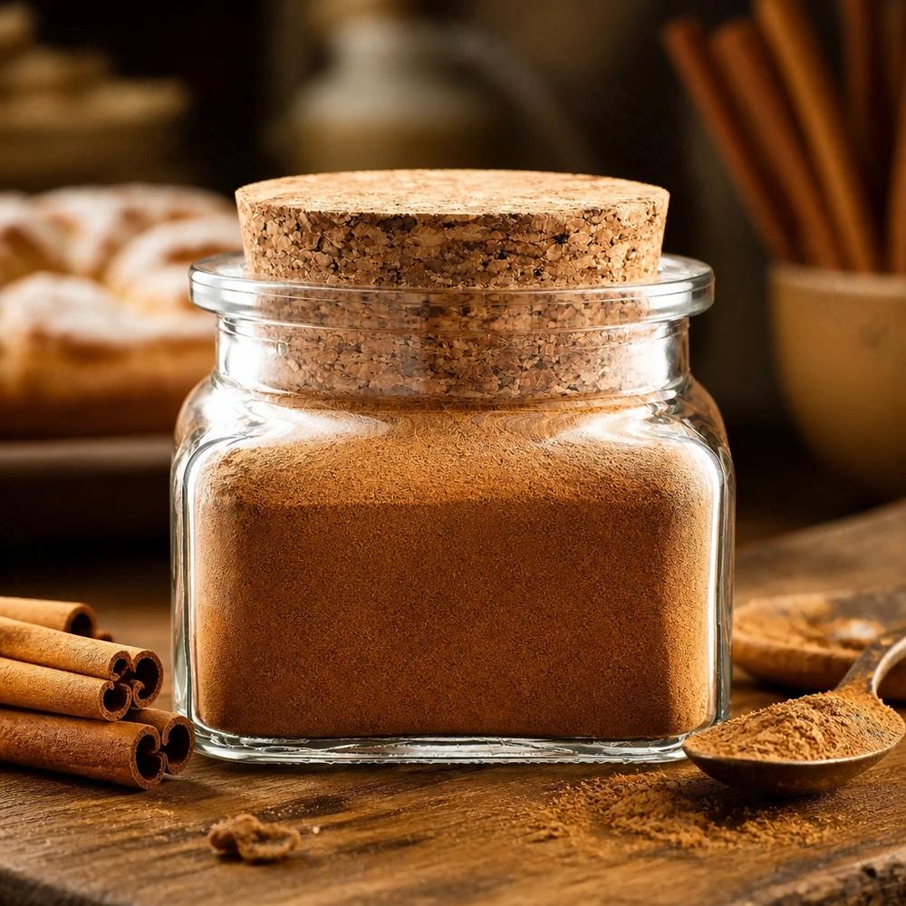 Kompaktes Spezereienglas Quadratus 120ml klar mit Naturkork und aromatischem Zimtpulver