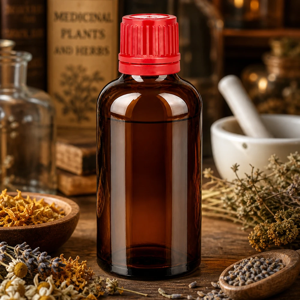 Kompakte 50ml BrownLine Flasche mit rotem Kindersicherungsverschluss für Naturheilmittel