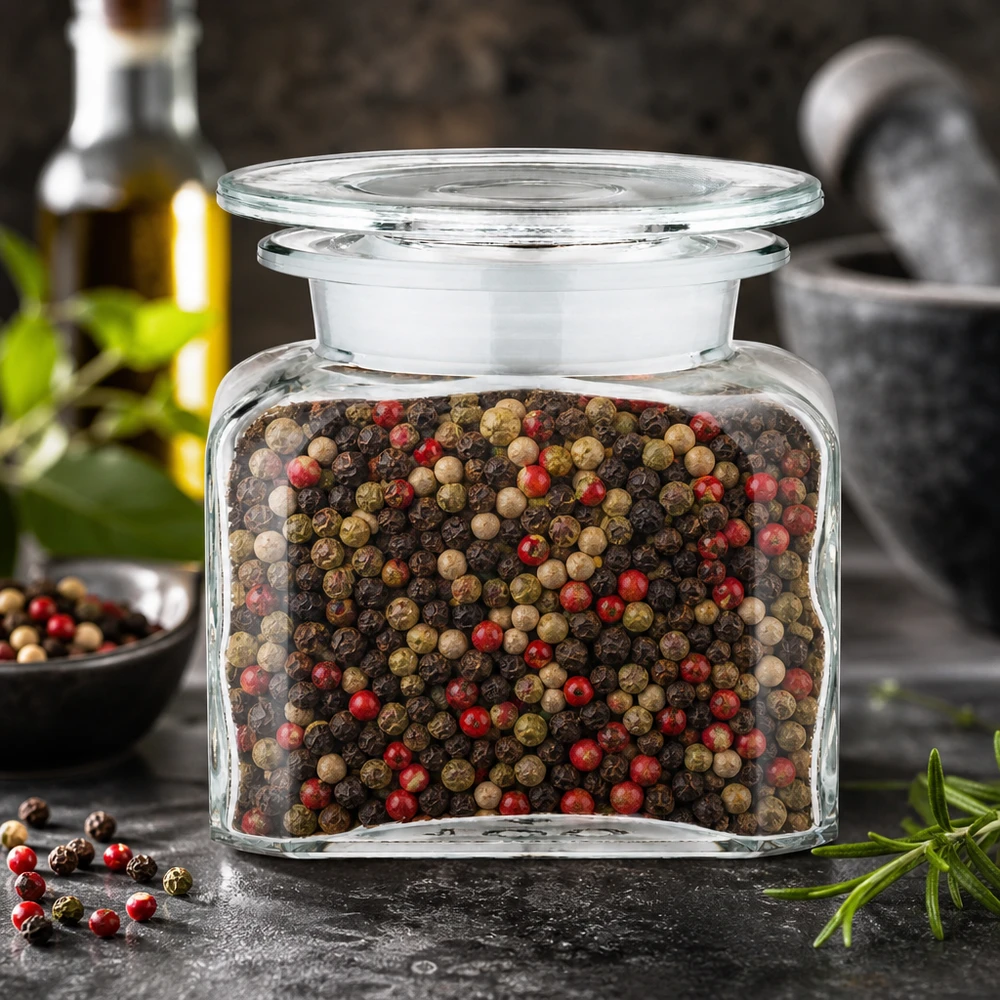 Gewürzglas Idee: Vierkant-Apothekerflasche 100 ml Weithals Kleine Apothekerflasche Vierkant mit aromatischem Buntpfeffer auf rustikalem Untergrund