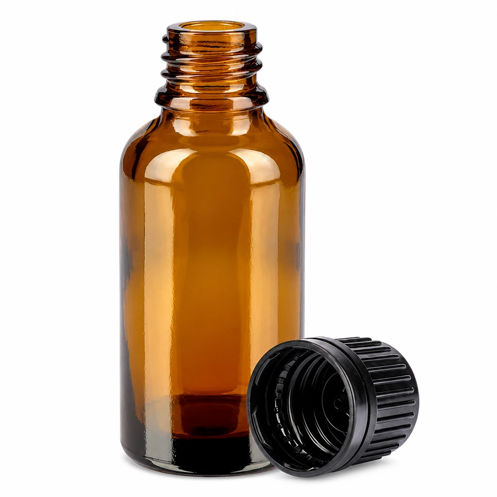 30ml Flasche 11mm Schraubverschluss schwarz Originalitätsverschluss BrownLine UT18/30 Kompakte 30ml braune Glasflasche mit schwarzem Verschluss für Labor und Kosmetik