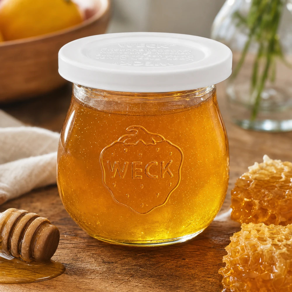 75ml Tulpenglas mit Frischedeckel WECK RR40 WECK Tulpenglas 75ml mit Honig befüllt neben Waben und Honiglöffel zeigt vielseitige Verwendung des RR40 Einmachglases