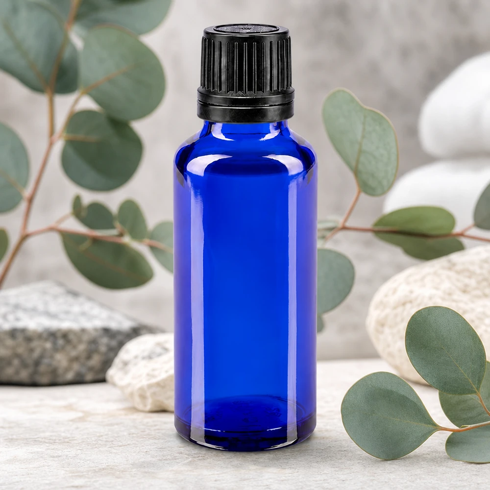 Apothekenflasche blau 30ml Schraubverschluss schwarz Giessring Originalitätsverschluss Blaue Apothekerflasche 30ml GR-Ausführung mit schwarzem Sicherheitsverschluss 8mm Öffnung