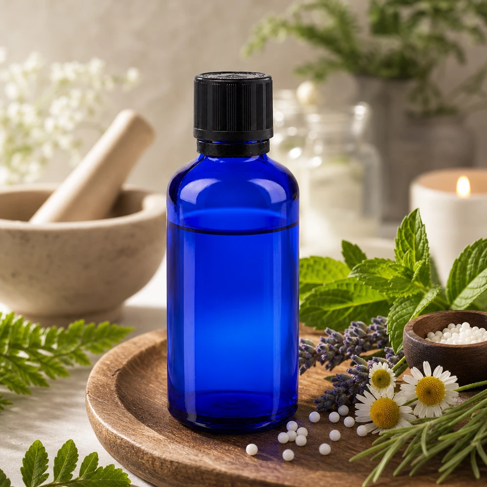 Apothekenflasche blau 50ml Tropfer Giessring 1mm schwarz Kindersicherung Blindenwarnsymbol Originalitätsverschluss Dunkelblaues 50ml Glasfläschchen mit schwarzem Originalitätsverschluss neben Mörser und Kerze