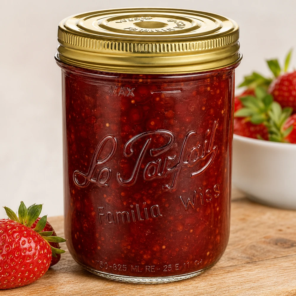 1020ml Sturzglas "Familia Wiss" 2-teiliges Deckelsystem Le P Sturzglas Familia Wiss 1020ml mit Schraubdeckel gefüllt mit Erdbeermarmelade neben frischen Erdbeeren
