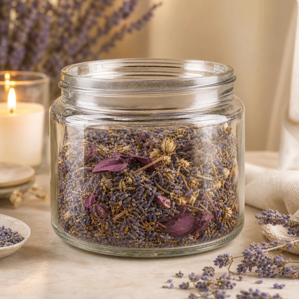 Glastiegel 250ml mit Lavendel und getrockneten Kräutern befüllt rustikale Deko-Aufbewahrung für Tees und Gewürze