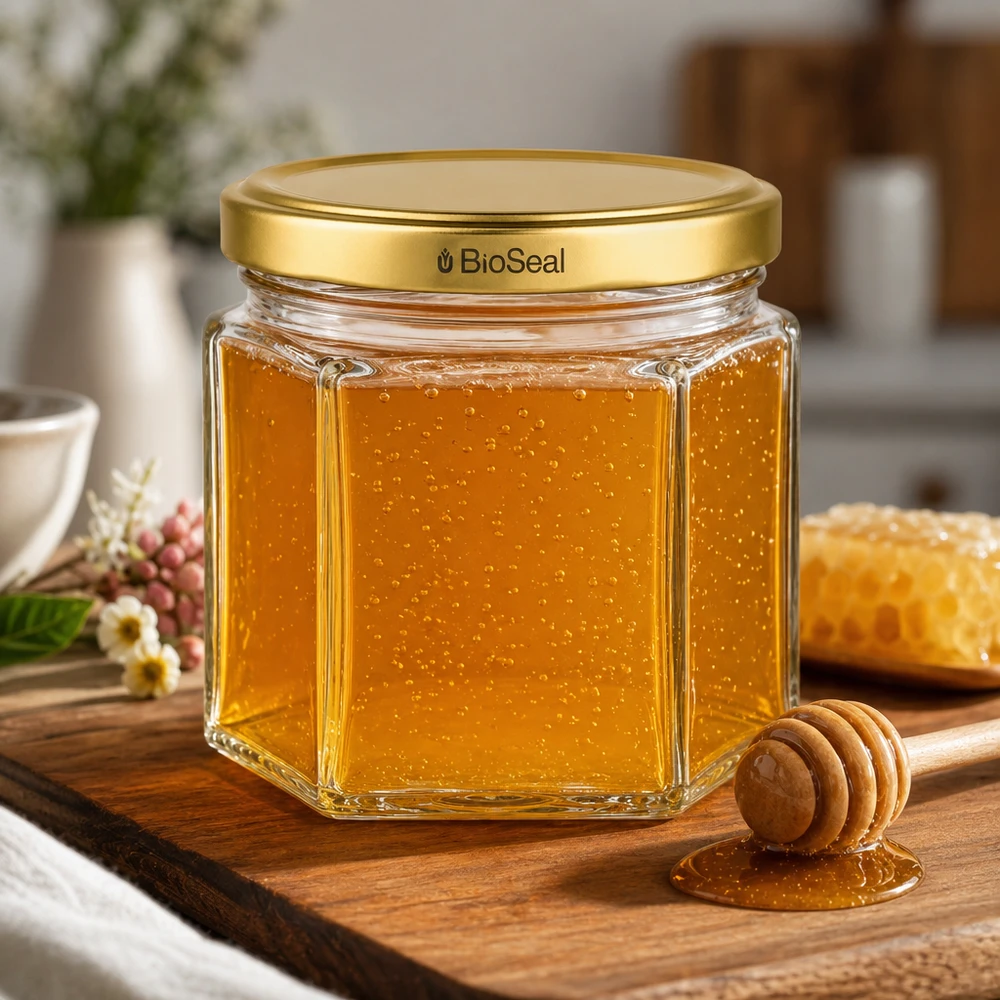 UNiTWIST Hexa47 Honigglas mit goldenem TO43 BioSeal Deckel auf Holzbrett mit Honiglöffel in natürlicher Küche