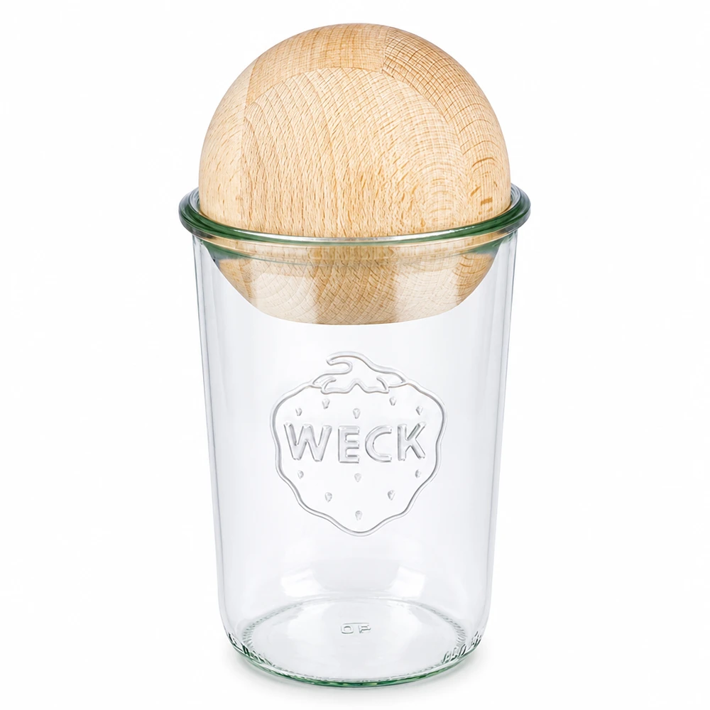 850ml Sturzglas WECK RR100 mit Holzkugel Buche WECK RR100 Sturzglas 850ml mit Holzkugel aus Buche als Deckel, transparentes Einmachglas mit Holzdeckel