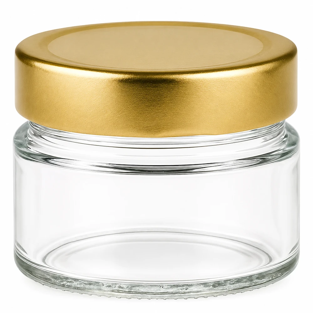 UNiTWIST Glas 80ml kurze breite Bauform lebensmittelechtes Klarglas Golddeckel