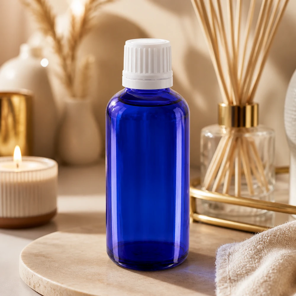 Blaue 50ml Glasflasche mit weißem Schraubverschluss und Tropfeinsatz für Öle und Tinkturen