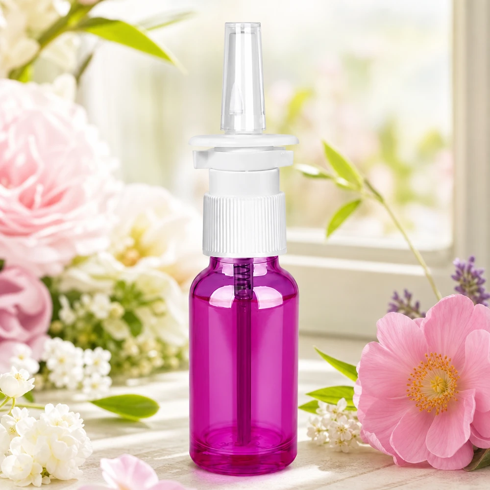 Praktische 20ml Nasensprayflasche Purple mit weißem Zerstäuber für hygienische Anwendung