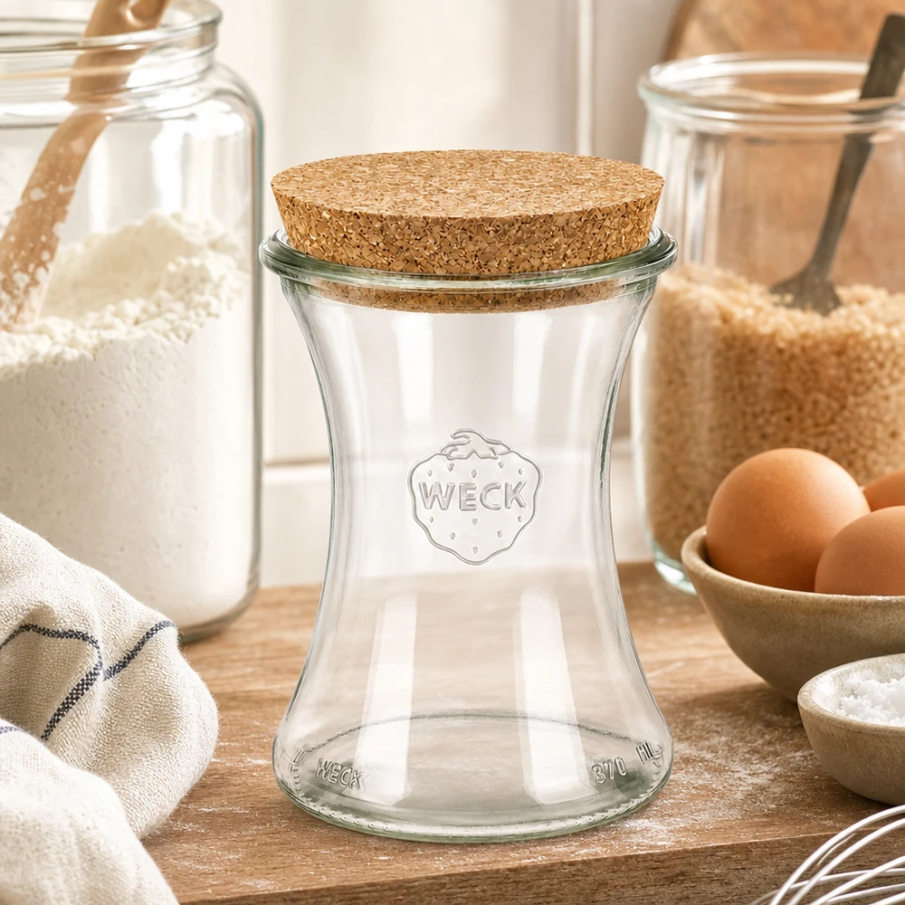 370ml Delikatessenglas WECK RR80 mit Korken natur WECK Vorratsglas 370ml RR80 mit Korkdeckel in rustikaler Küche zwischen Mehlgläsern Eiern und Backzutaten