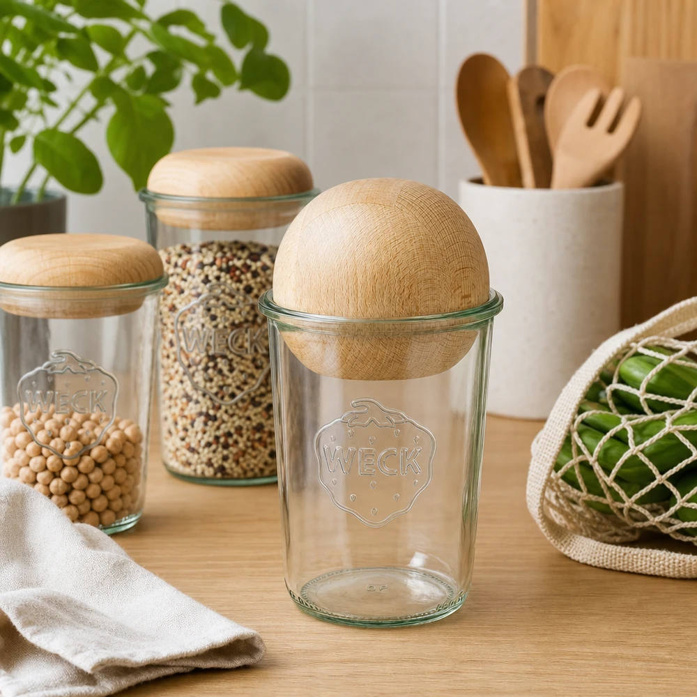 850ml Sturzglas WECK RR100 mit Holzkugel Buche WECK RR100 Sturzglas 850ml leer mit Buche-Holzkugel auf Holztisch, nachhaltige Kücheneinrichtung mit Vorratsutensilien
