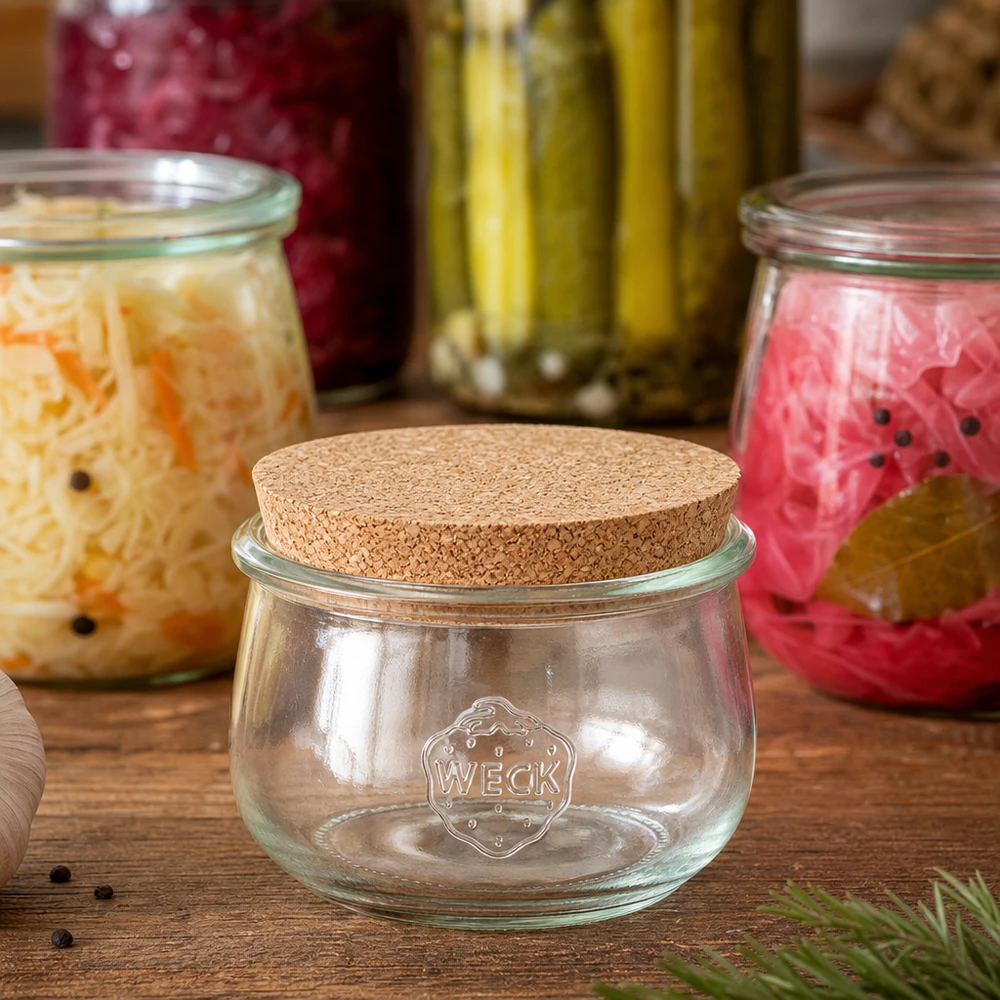 580ml Tulpenglas WECK RR100 mit Korken natur WECK Tulpenglas RR100 580ml mit Naturkorken zwischen fermentierten Gemüse-Gläsern und eingelegten Gurken Dekoration