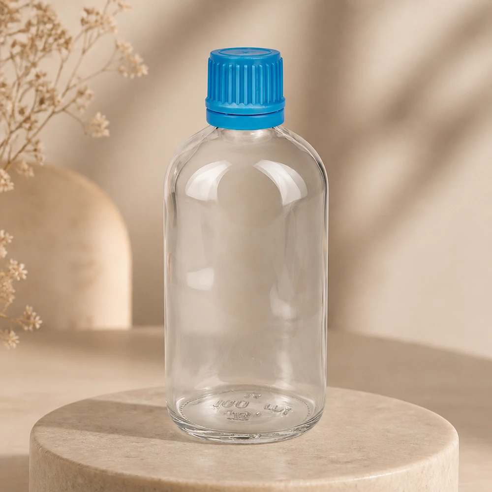 Minimalistische 100ml ClearLine Flasche UT18 mit blauem OV Verschluss im Lifestyle-Setting