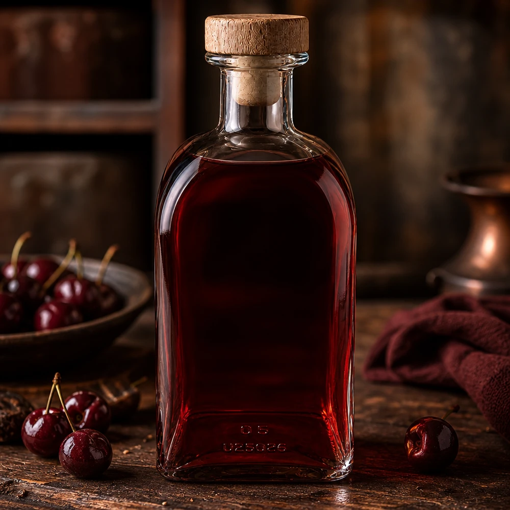 500ml Glasflasche Julia mit Korken gefüllt mit roter Kirschlikör auf rustikalem Holz mit frischen Kirschen
