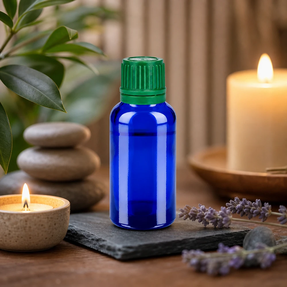 30ml Flasche 11mm Schraubverschluss grün Originalitätsverschluss BlueLine UT18/30 30ml OV-Flasche aus lichtschützendem Blauglas mit grünem Verschluss für Laborqualität