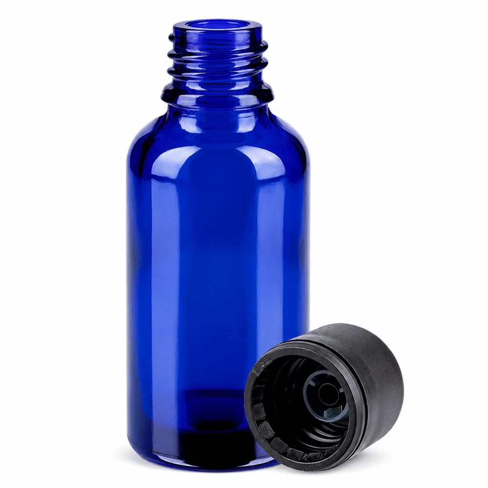 Elegante blaue 30ml Glasflasche mit mattem schwarzen Verschluss für professionelle Kosmetik