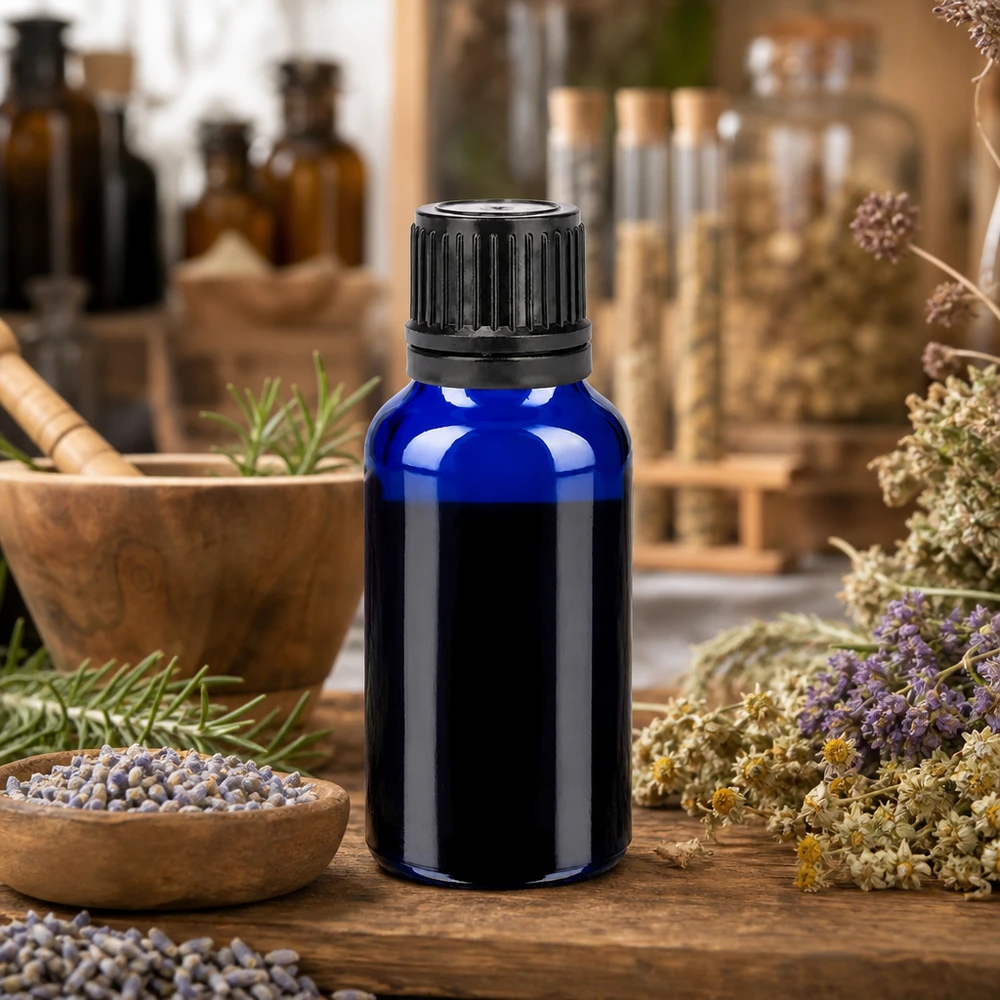 20ml Flasche 11mm Schraubverschluss schwarz Originalitätsverschluss BlueLine UT18/20 20ml Blauglas Aromaflasche mit ergonomischem schwarzem Schraubverschluss für einfache Handhabung