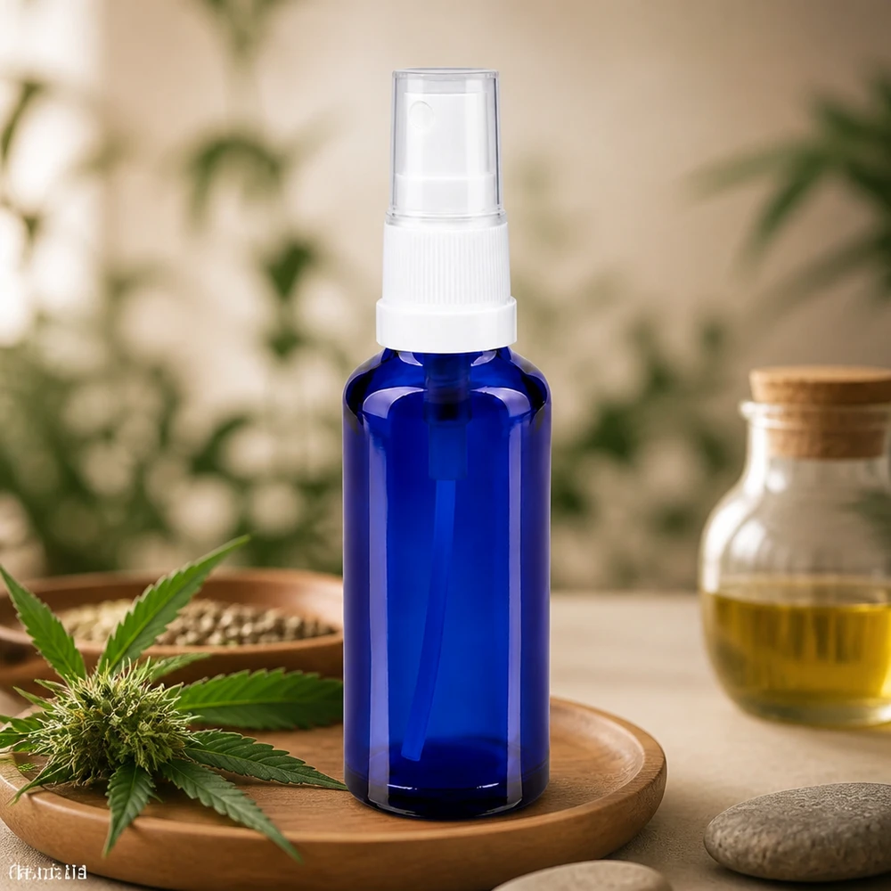 Apothekenflasche blau 30ml Sprayaufsatz weiß Blaue 30ml Pumpsprayflasche ApoGlas neben Hanfblättern Glasgefäß mit Korken und Steinen