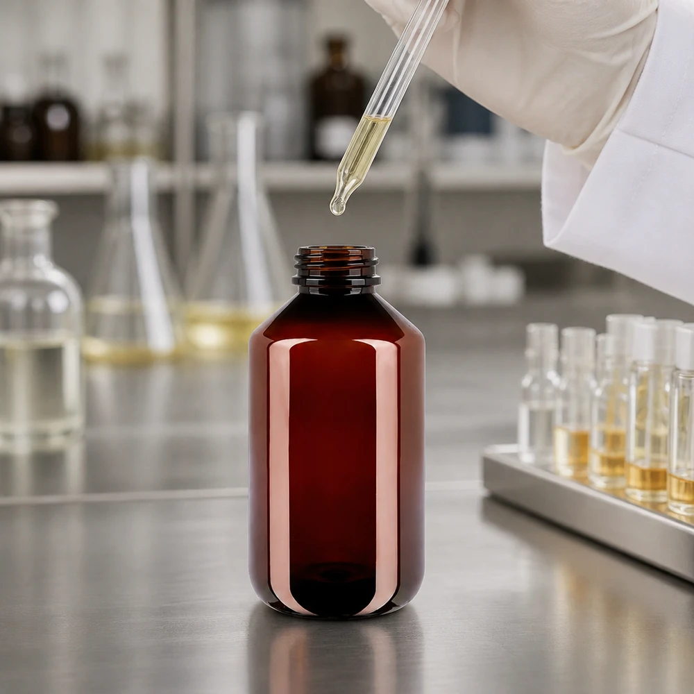 Leichte UV-Schutz Kunststoffflasche 500ml braun mit manipulationssicherem weißen Verschluss
