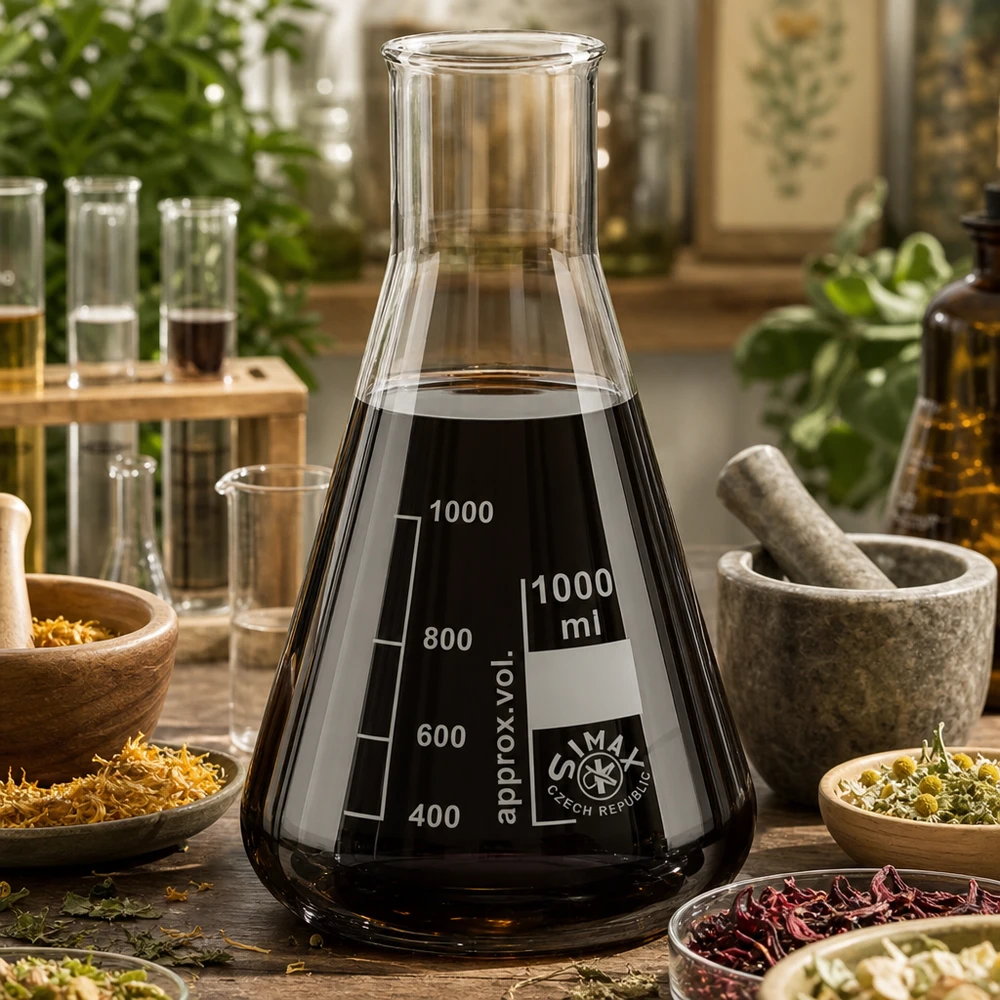 Erlenmeyerkolben 100ml Weithals Großvolumiger Erlenmeyerkolben 1000ml mit weiter Öffnung und schwarzer Testflüssigkeit im Kräuterlabor
