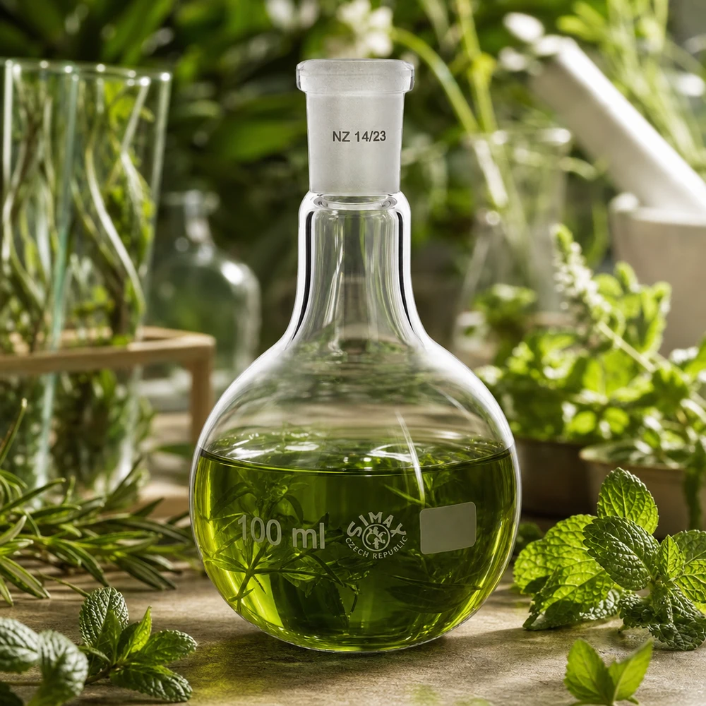 Stehkolben Glas 100ml Füllvolumen mit 14/23 Schliff für Aromastoff-Destillation