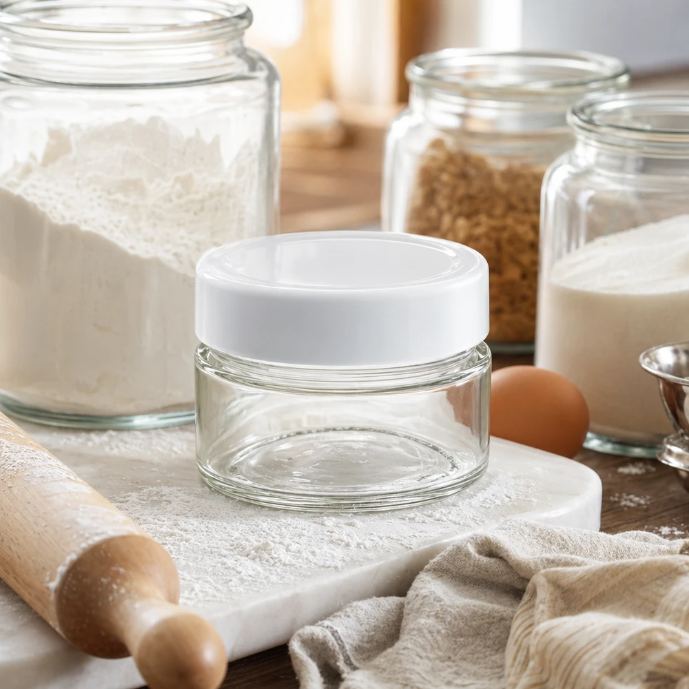 80ml Rundglas mit BasicSeal Deckel in Küche mit Backzutaten - vielseitiger Glascontainer für Lebensmittel