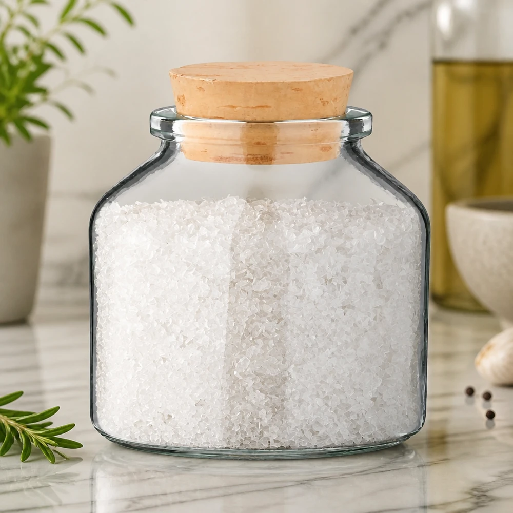Gewürzglas Idee: Round 100ml klar inkl. Korken 22/26 Luftdichtes Gewürzglas 100ml mit Korken und grobem Salz auf elegantem Marmorstein