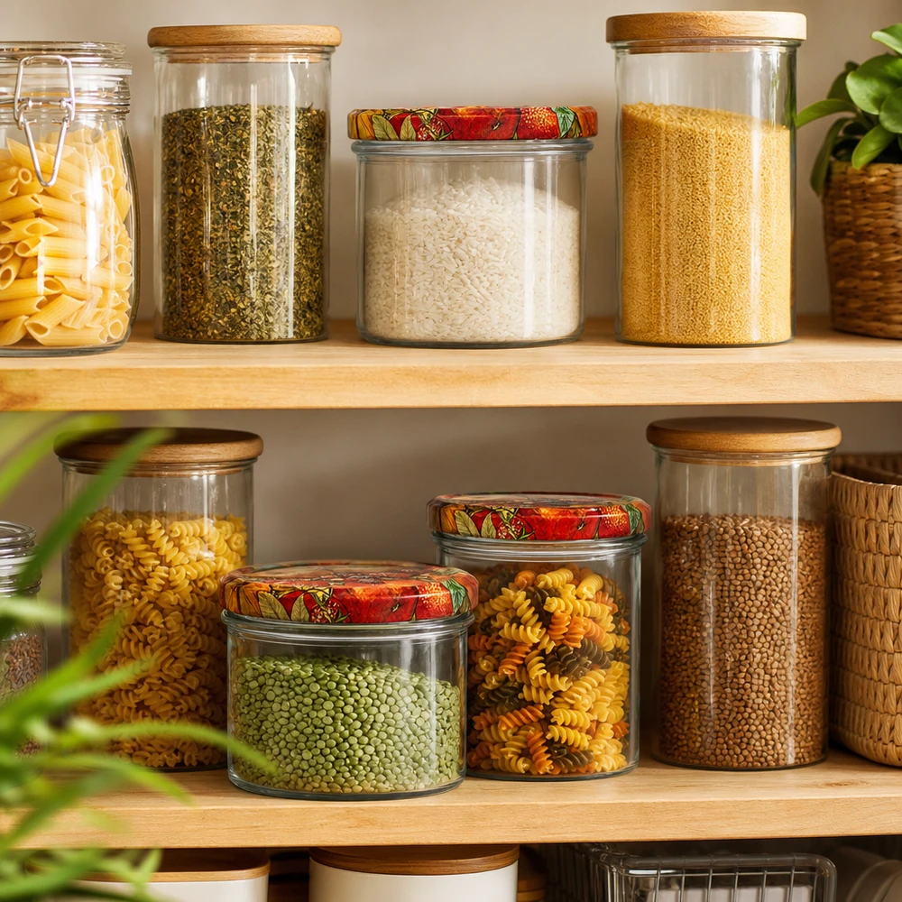 225ml Sturzglas + BasicSeal Deckel Obst-Dekor UNiTWIST Organisierte Vorratshaltung mit 225ml Sturzgläsern Obst-Dekor, gefüllt mit Pasta, Reis und Hülsenfrüchten im Regal