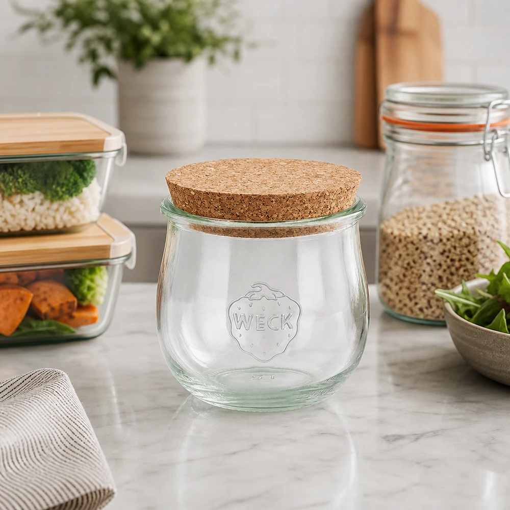 370ml Tulpenglas WECK RR80 mit Korken natur WECK Tulpenglas 370ml RR80 Korkdeckel in moderner Küche neben Vorratsdosen und Meal Prep Behältern auf Marmor