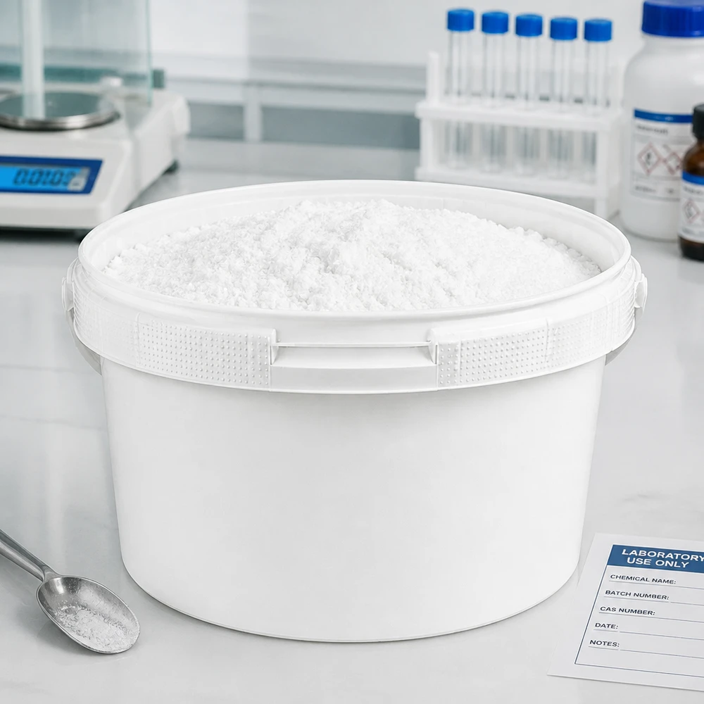 Weißer PP-Eimer 3,5L mit kristallinem Inhalt auf Marmorunterlage im Chemielabor