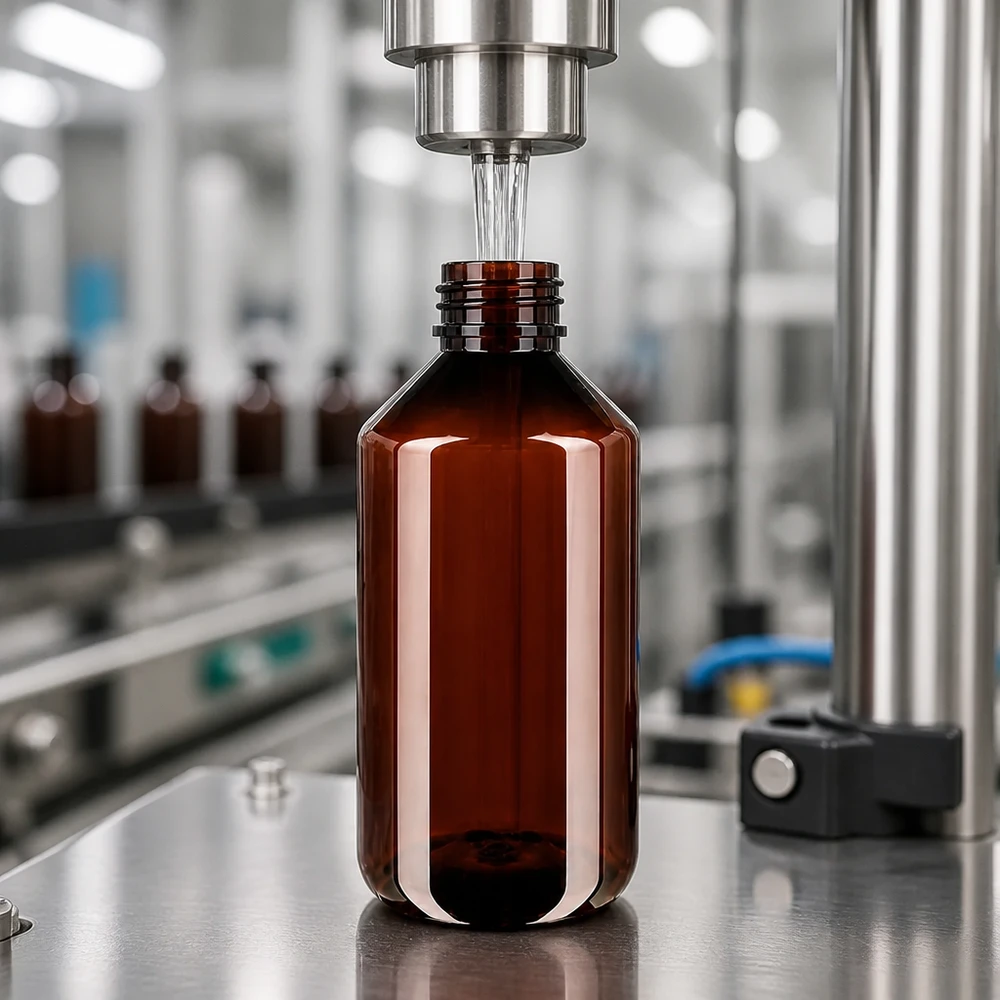 Pharmaceutical-Grade braune 750ml PET Flasche mit weißem OV in Serienabfüllung