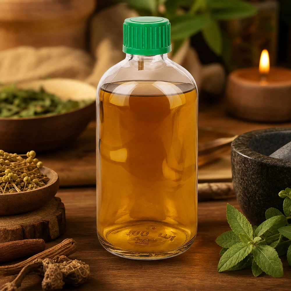 Apothekentropfflasche 100ml zwischen Heilkräutern Gewürzen und brennender Kerze im Holzambiente