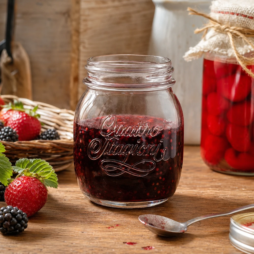 700ml Rundglas "Quattro Stagioni" QS86mm 700ml Quattro Stagioni Haushaltsglas mit Beerenkonfitüre gefüllt auf Holztisch mit frischen Erdbeeren und Brombeeren