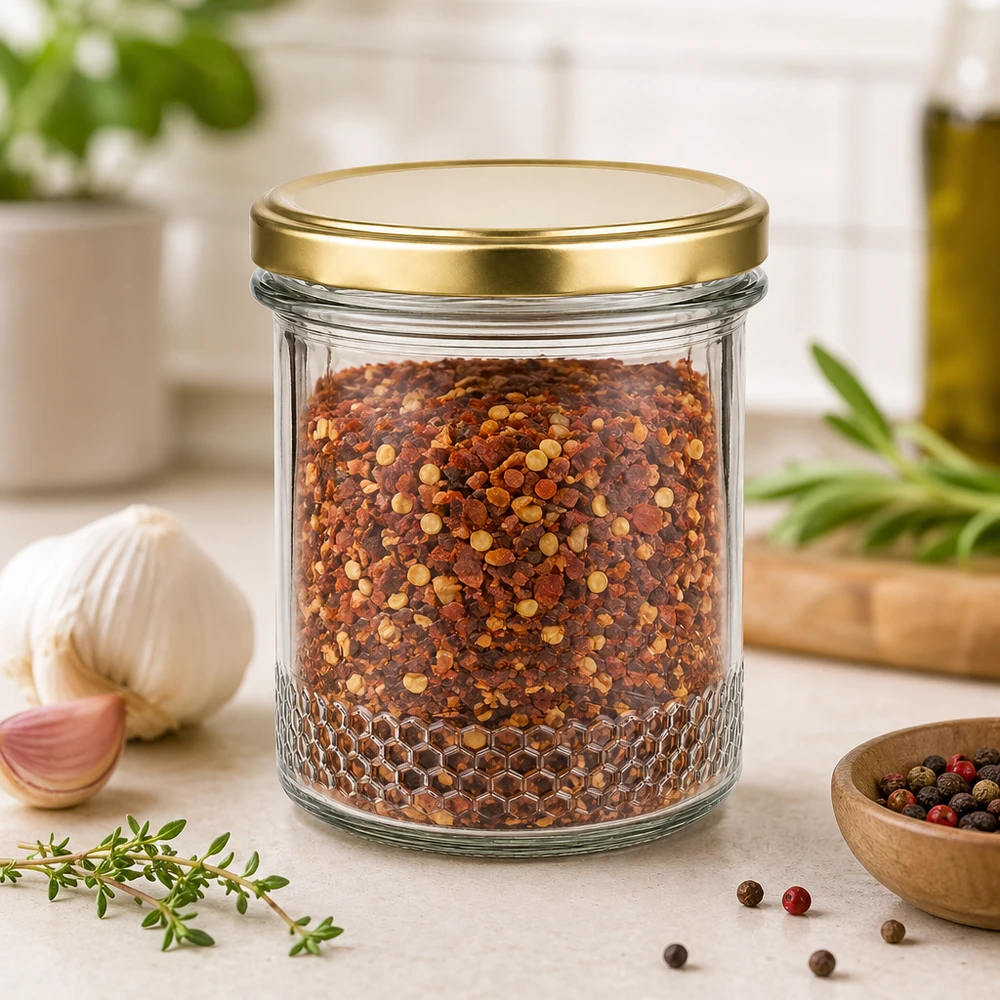 400ml Honigglas mit BasicSeal Deckel gold UNiTWIST als Gewürzglas für Chili-Flocken in Küchenambiente
