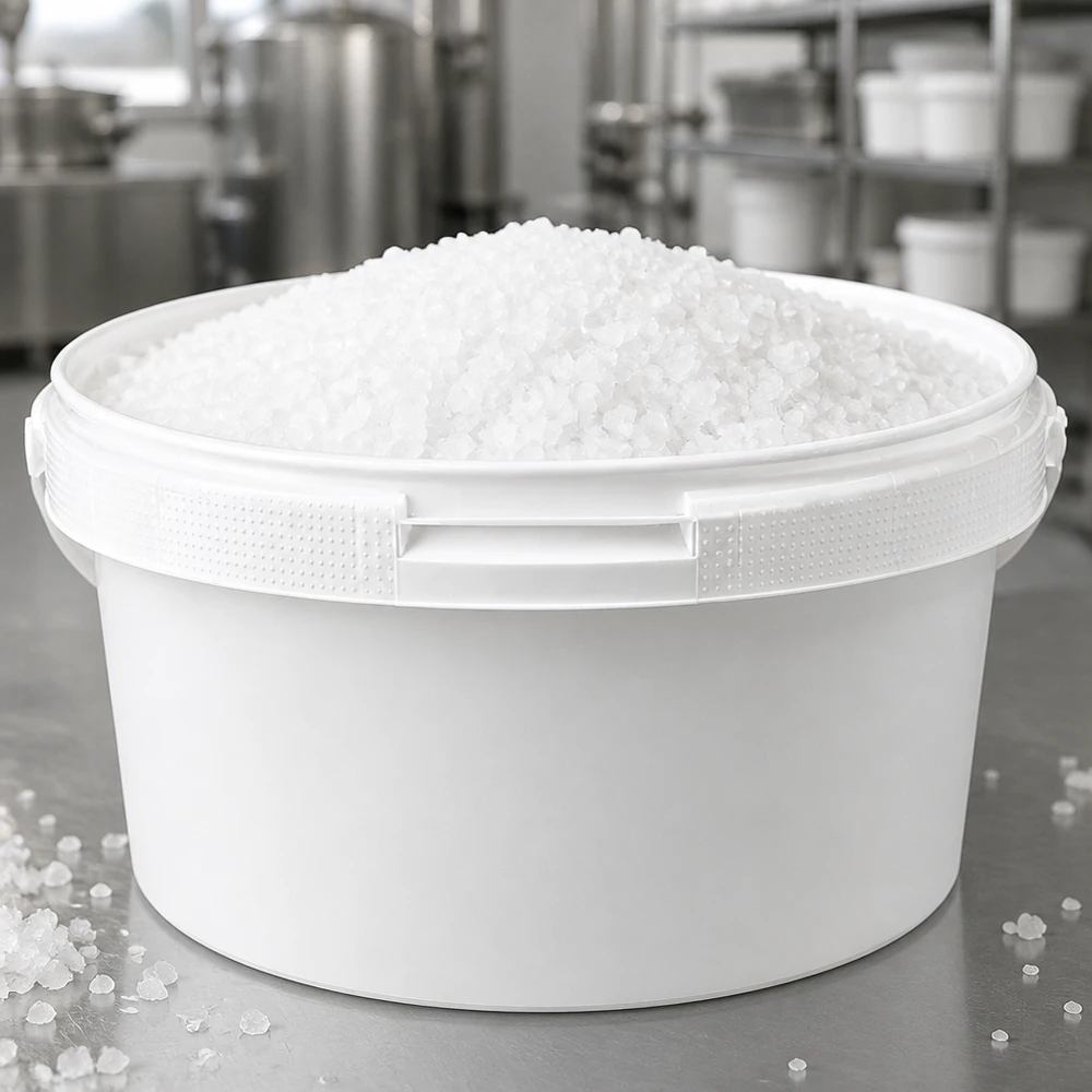 Eimer 3.5L aus weißem Kunststoff Polypropylen ohne Deckel Runder PP-Kunststoffeimer 3,5L weiß mit überfüllendem Granulat auf Industrieboden