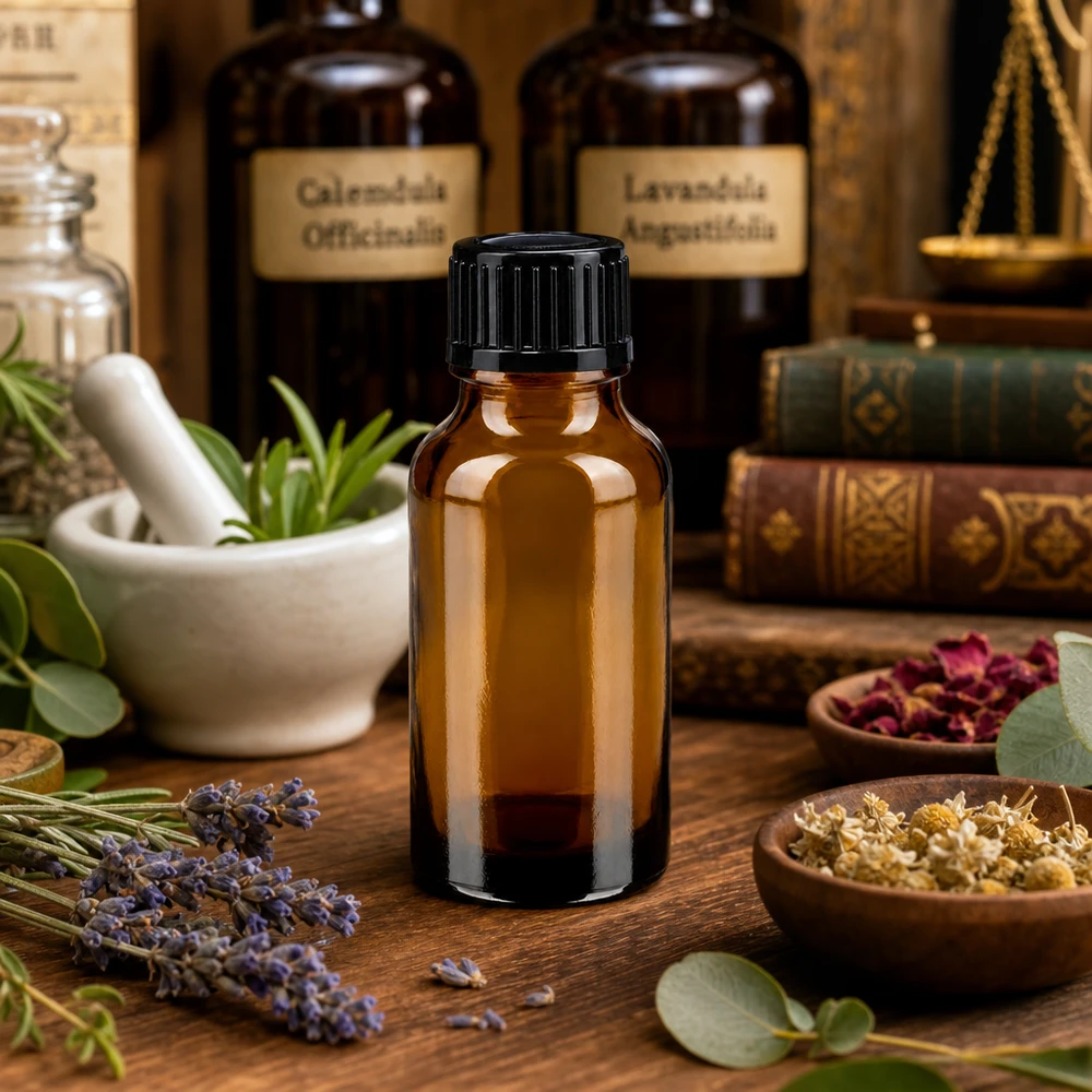 Apothekenflasche braun 20ml Schraubverschluss schwarz Standard Klassische Apoflasche braun 20ml mit Mörser Pestle und Heilkräutern für ätherische Öle