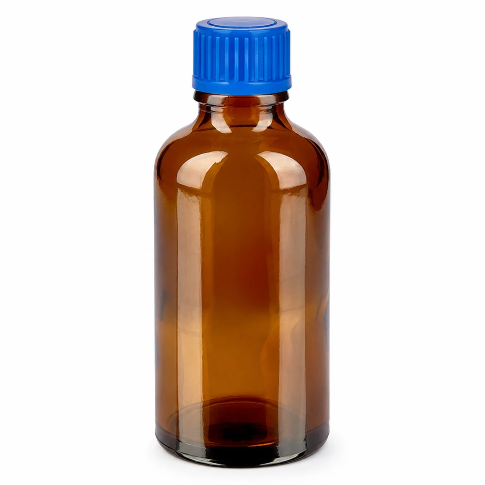Hochwertige 50ml Glasflasche in Braun mit blauem Deckel für Labor und Apotheke