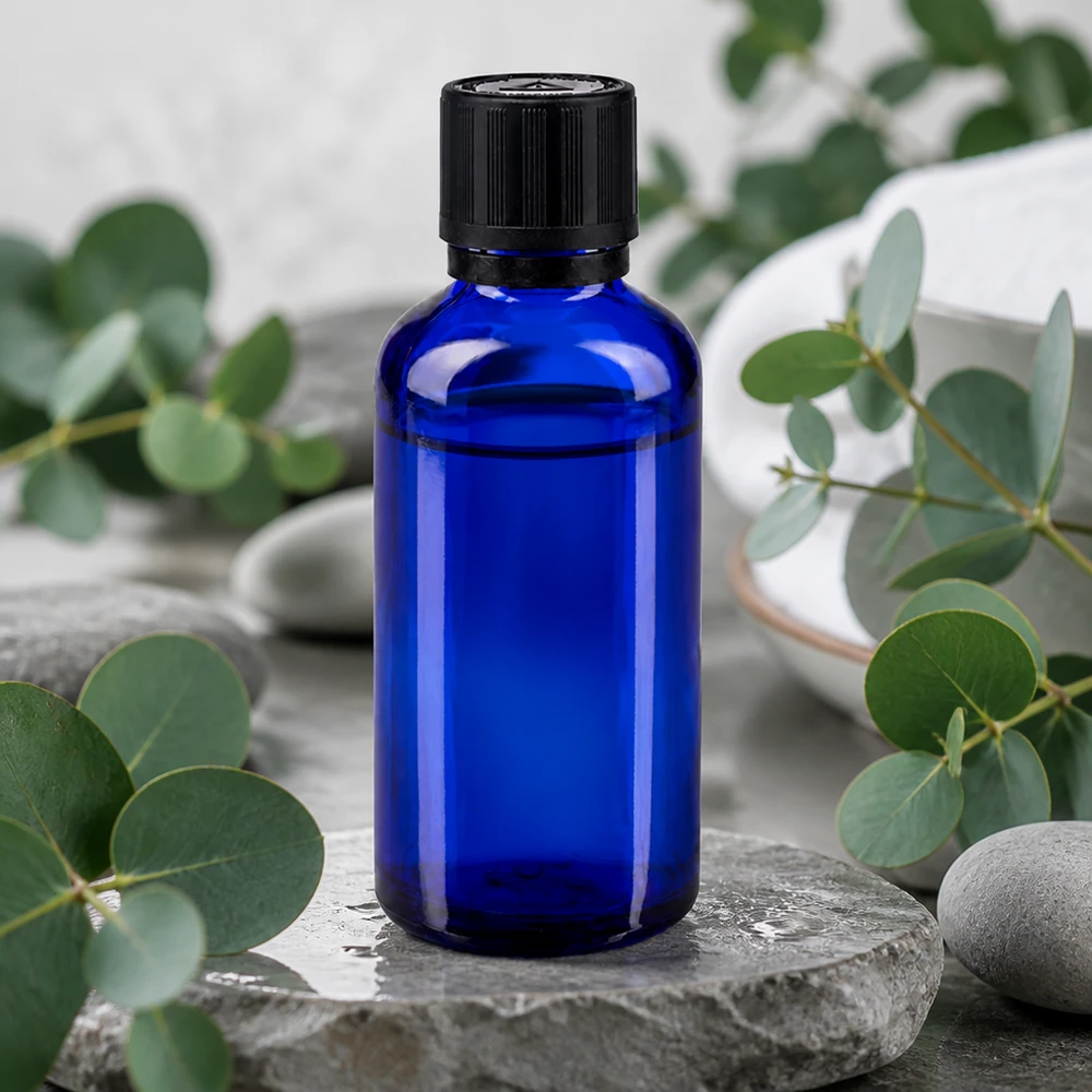 Kleines blaues 50ml Dropper-Fläschchen aus UV-Schutzglas mit schwarzem KiSi-Verschluss Nahaufnahme
